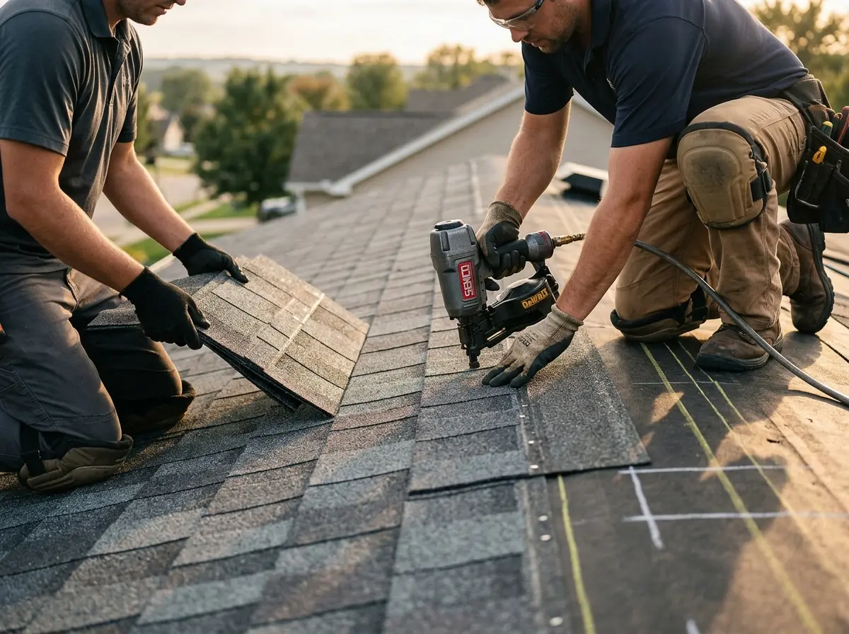Professional roofer working on a residential roof in Bullard